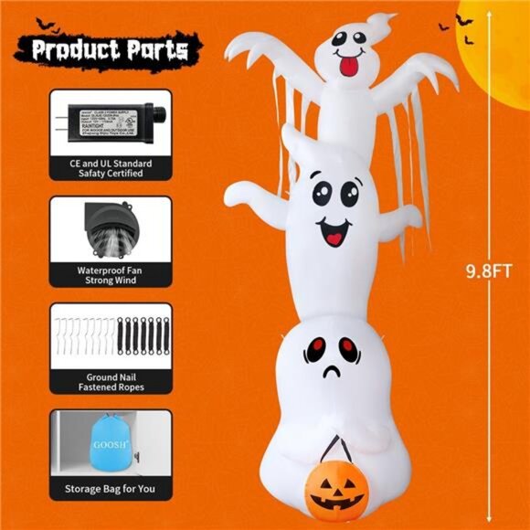 9.8 FT High Halloween Inflatable Overlap Ghost Outdoor Decorations Blow Up Yard - Picture 2 of 7